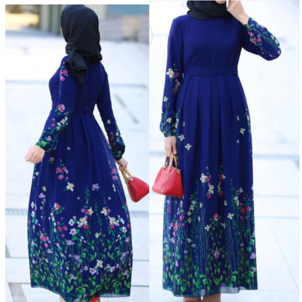Anna Hariri Floral meadow Crepe Maxi dress modest navy blue long chic comfort